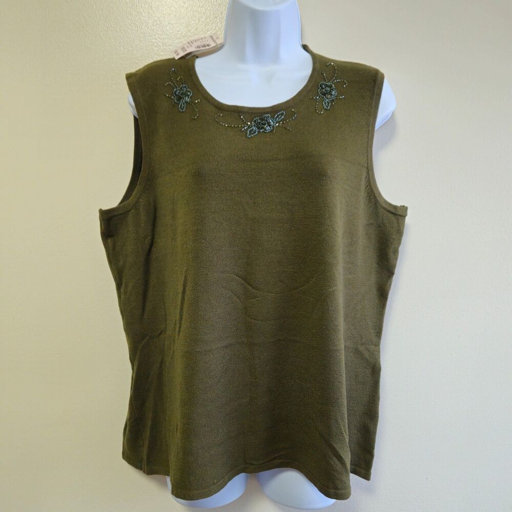New Dress Barn Beaded Tank Top Olive Green Cottagecore Stretch Women 18/20